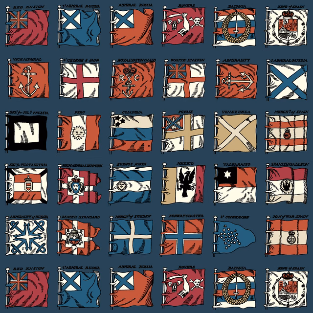 Indigo wallpaper with rows of red, cream and black-outlined naval flags