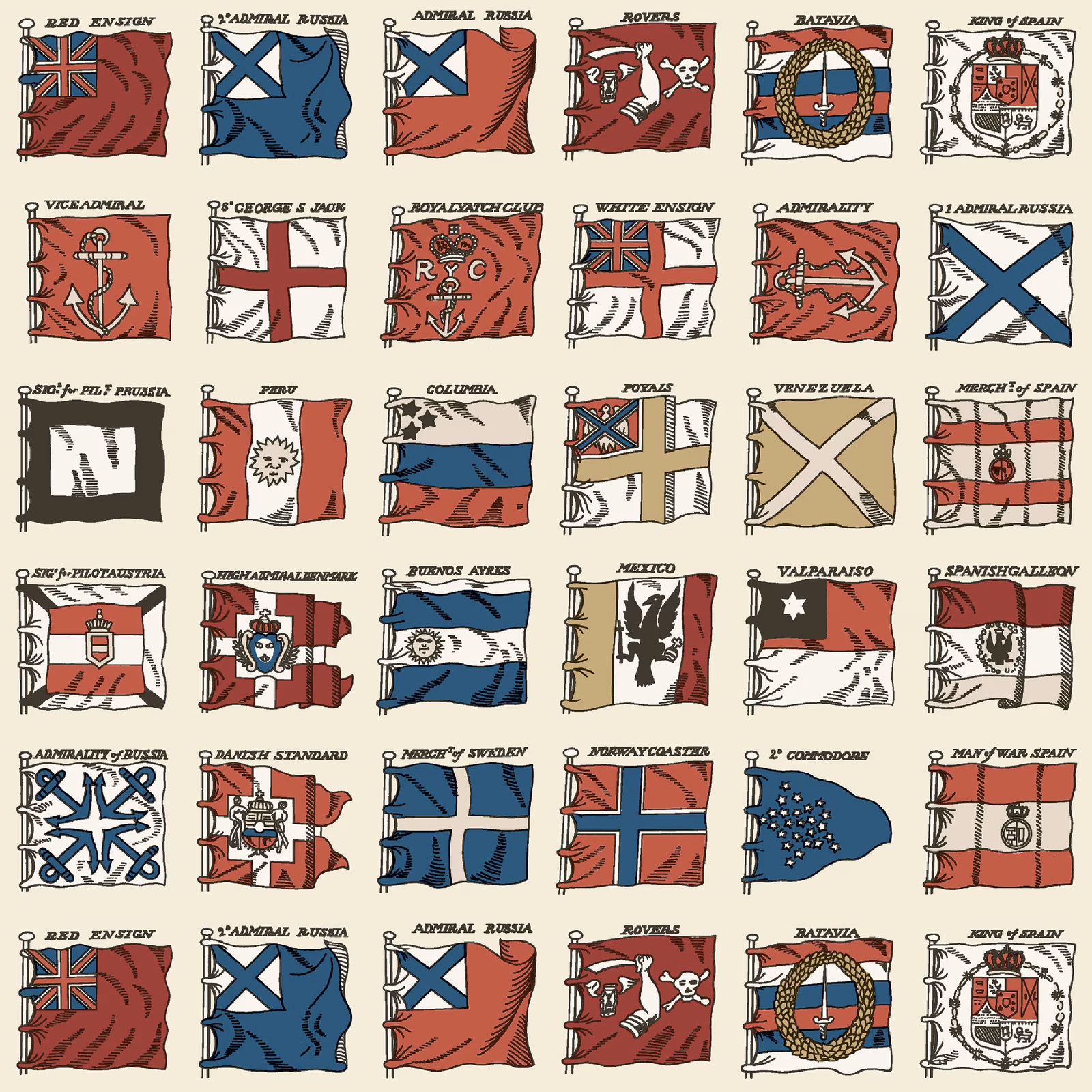 Brick-red and navy maritime flags with cream grounds in a repeating illustrated wallpaper design