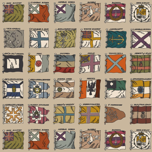 Muted red and plum wallpaper showing illustrated maritime flags in a repeating grid