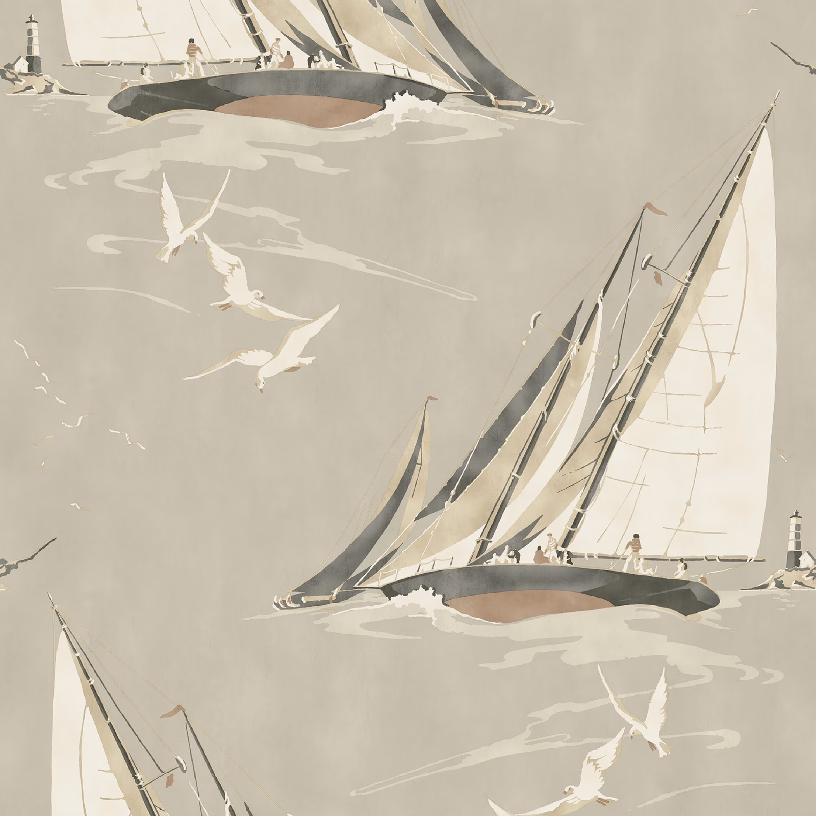 Taupe sailing boats with cream sails, gulls and charcoal hulls on Antique wallpaper