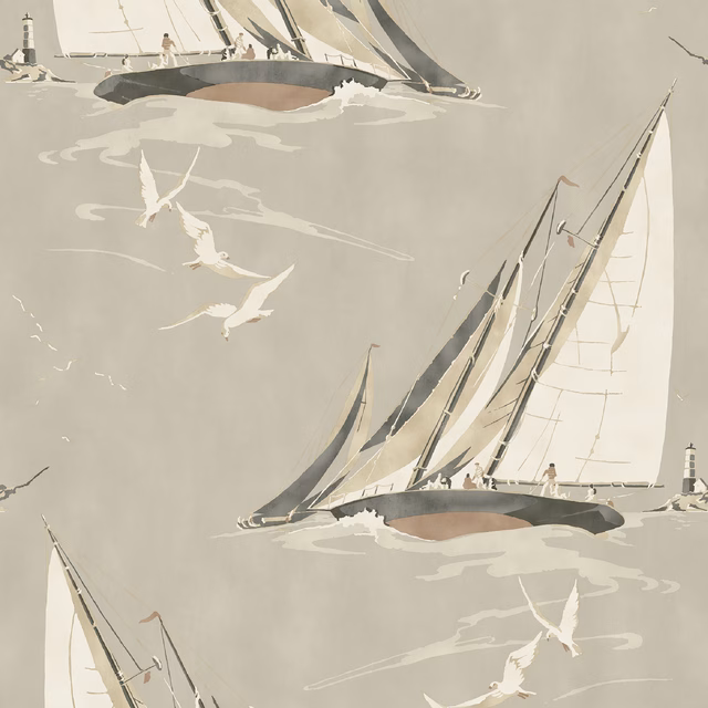 Taupe sailing boats with cream sails, gulls and charcoal hulls on Antique wallpaper