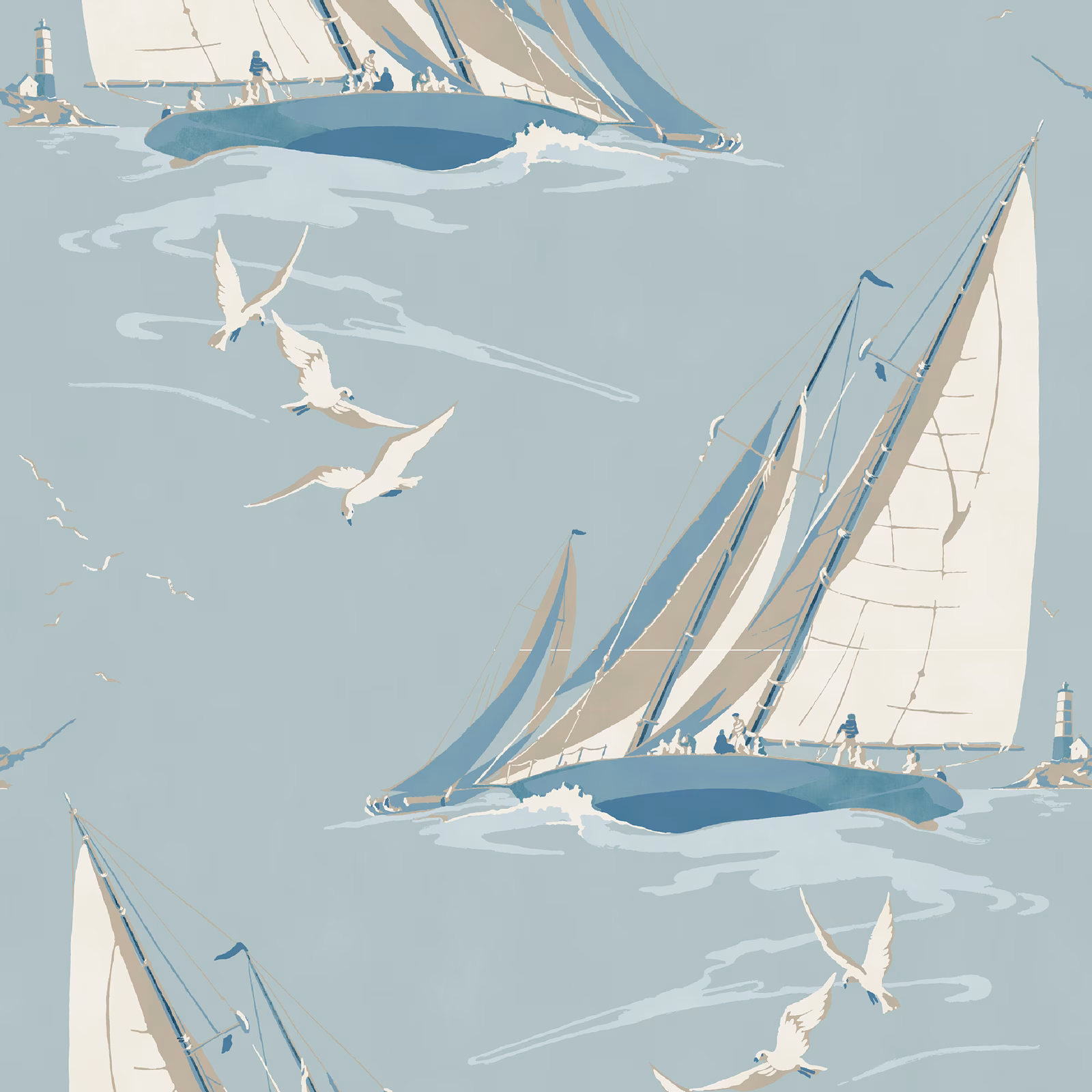 Muted blue wallpaper with cream-sailed yachts, white gulls and pale wave trails