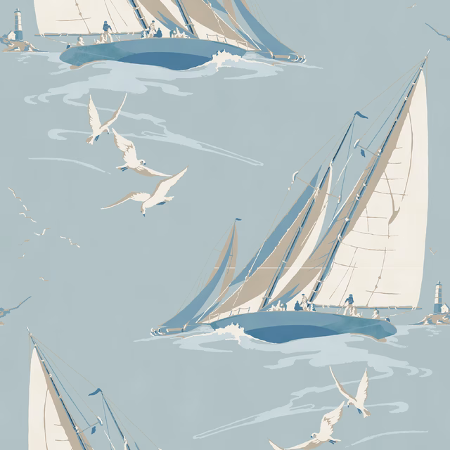 Muted blue wallpaper with cream-sailed yachts, white gulls and pale wave trails