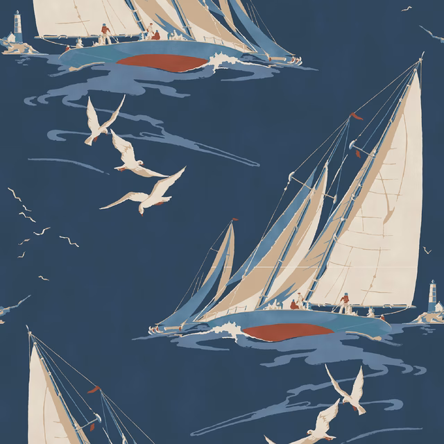 Indigo wallpaper with cream-sailed yachts, red hulls, flying gulls and lighthouse details