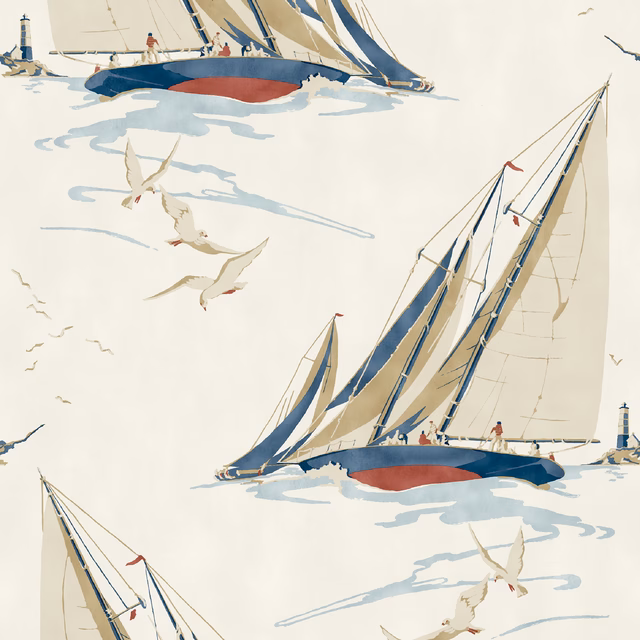 Ivory wallpaper with navy sailing boats, red hulls, pale blue waves and seabirds