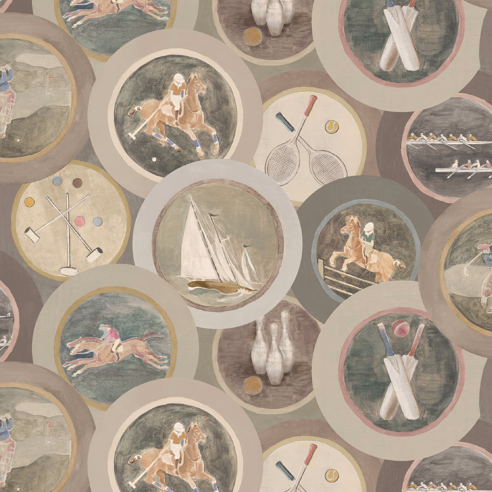 Muted taupe wallpaper with circular sporting scenes, boats, rackets and horses