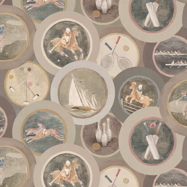 Muted taupe wallpaper with circular sporting scenes, boats, rackets and horses