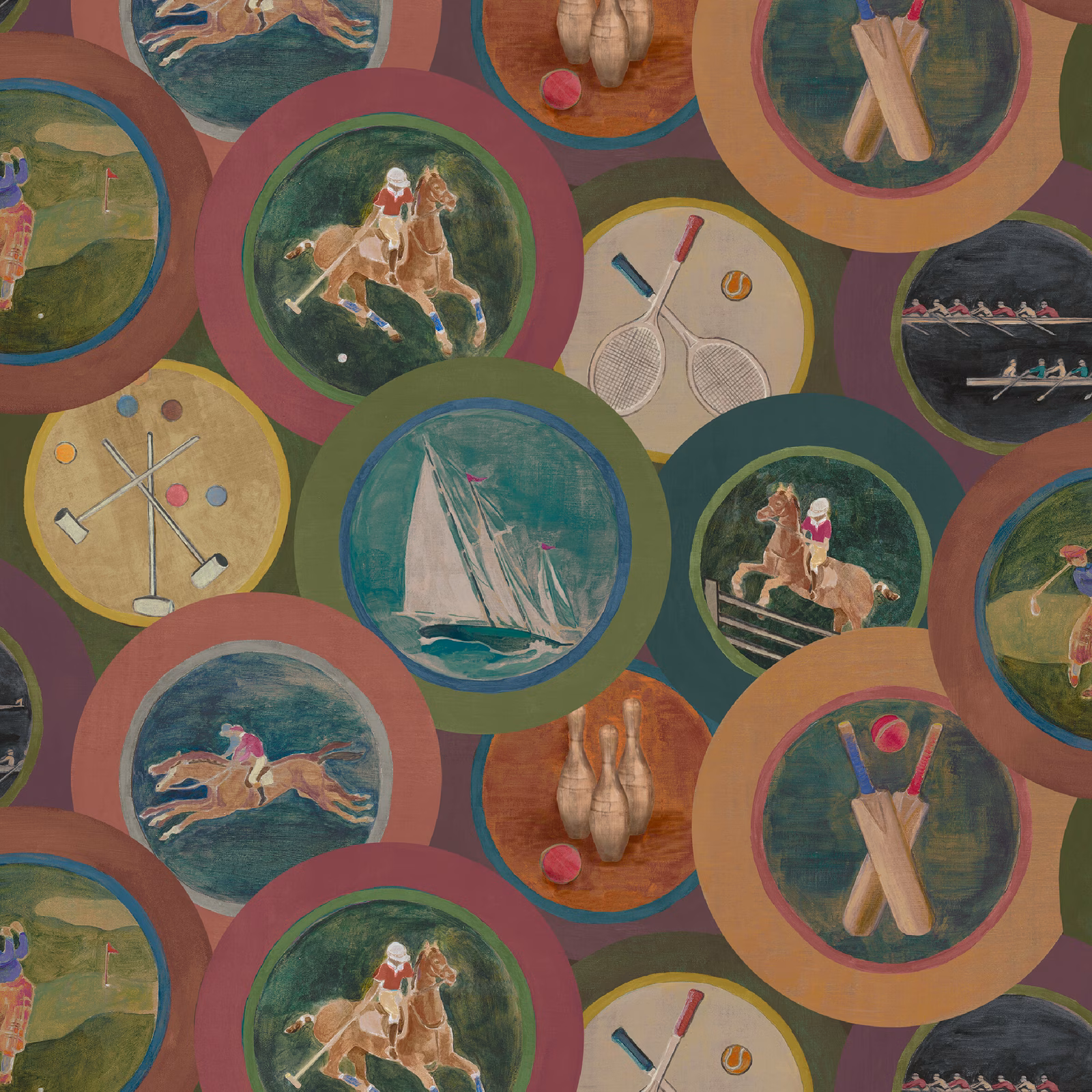 Plum and olive wallpaper with circular sporting scenes, riders, boats, rackets and bats