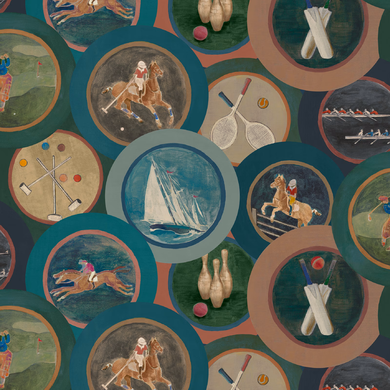 Deep teal wallpaper with circular sporting scenes, polo riders, sailing boats, rackets and bowling pins