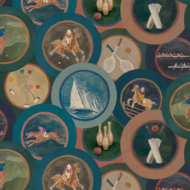 Deep teal wallpaper with circular sporting scenes, polo riders, sailing boats, rackets and bowling pins