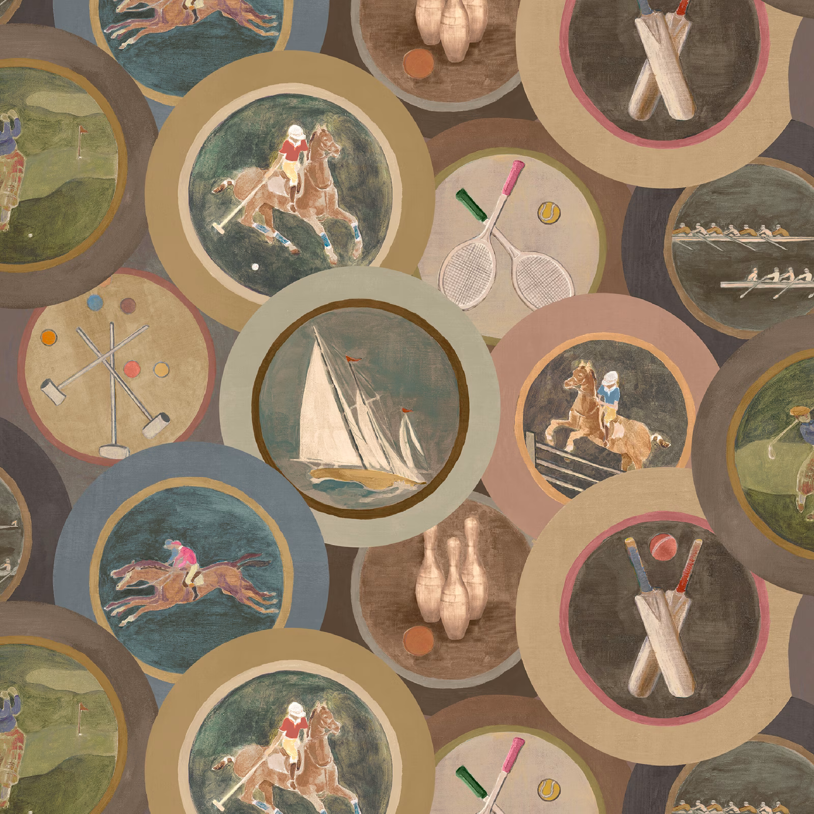 Muted taupe Woodsmoke wallpaper with circular polo, sailing and racquet scenes