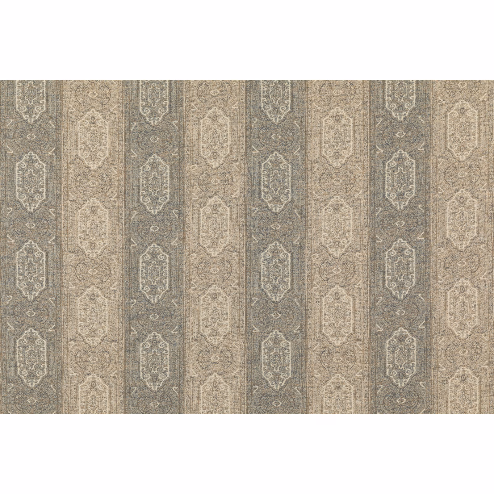 Taupe-grey woven fabric with repeating pale ornamental shield motifs and vertical lines