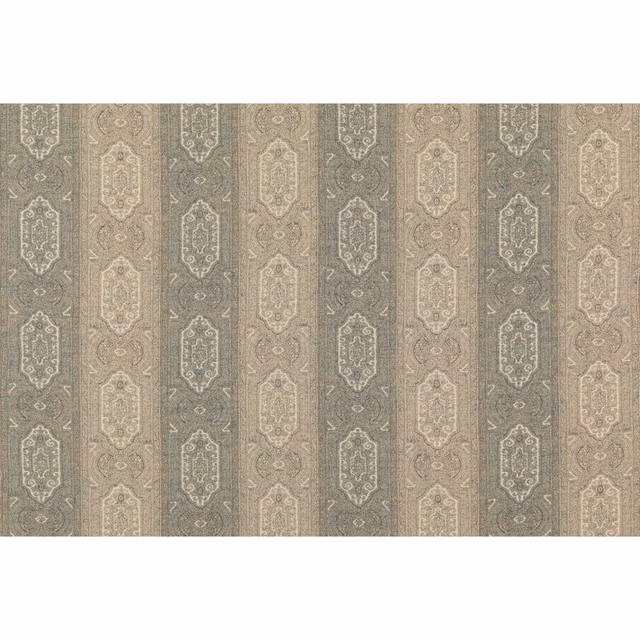 Taupe-grey woven fabric with repeating pale ornamental shield motifs and vertical lines