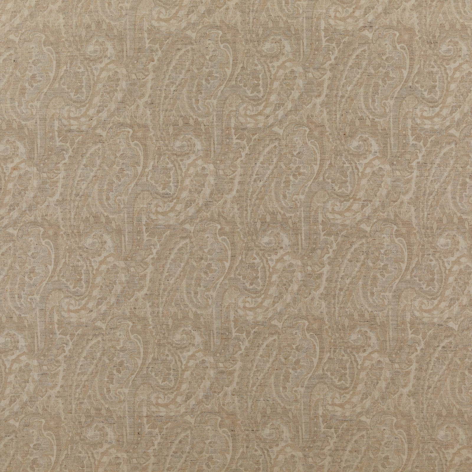 Warm sand taupe linen-wool weave with softly outlined, scrolling paisley motifs