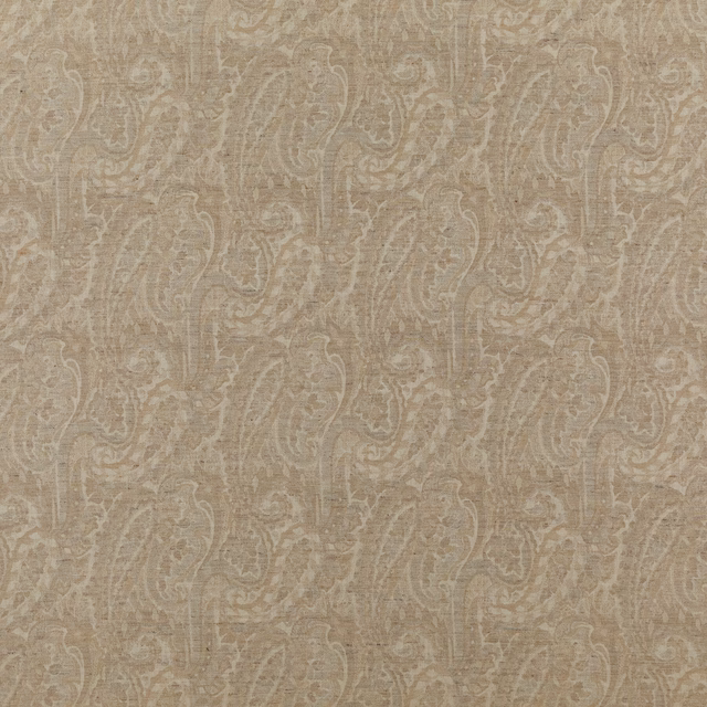 Warm sand taupe linen-wool weave with softly outlined, scrolling paisley motifs