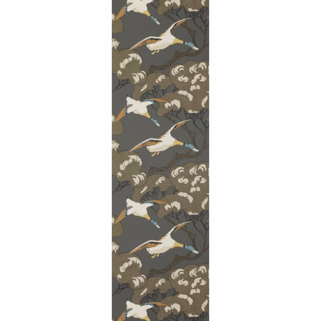 Charcoal wallpaper with repeating white flying ducks, taupe foliage and small teal accents