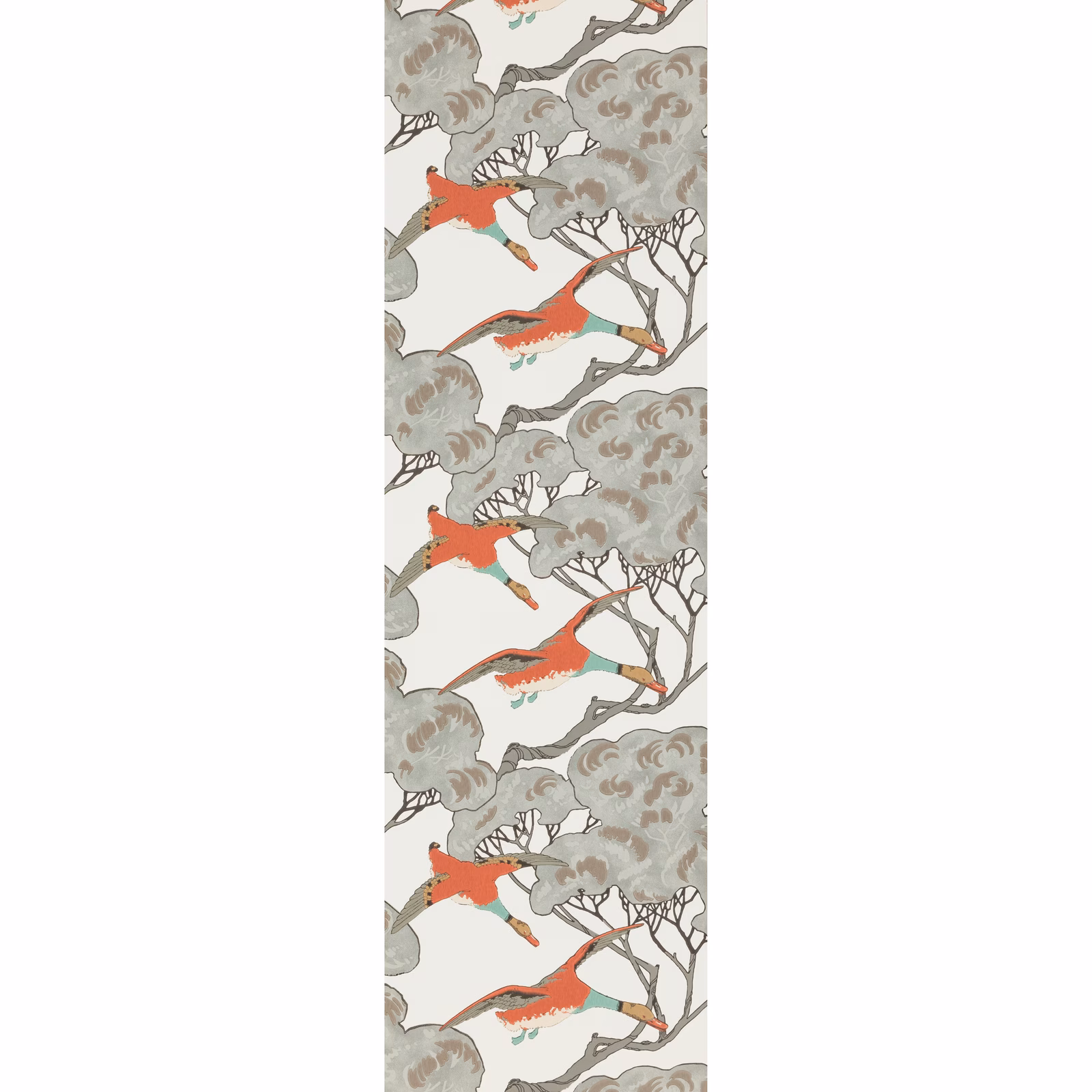 Coral flying ducks crossing taupe-grey trees on an ivory wallpaper ground