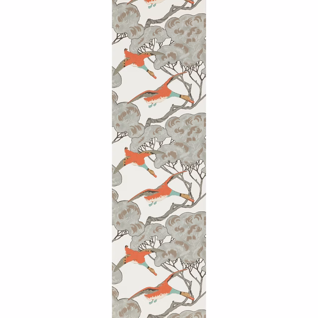 Coral flying ducks crossing taupe-grey trees on an ivory wallpaper ground
