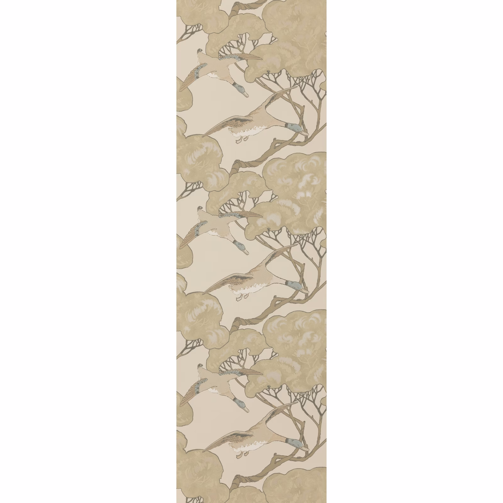 Muted silver-taupe wallpaper with flying ducks, branching trees and rounded foliage