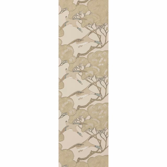 Muted silver-taupe wallpaper with flying ducks, branching trees and rounded foliage