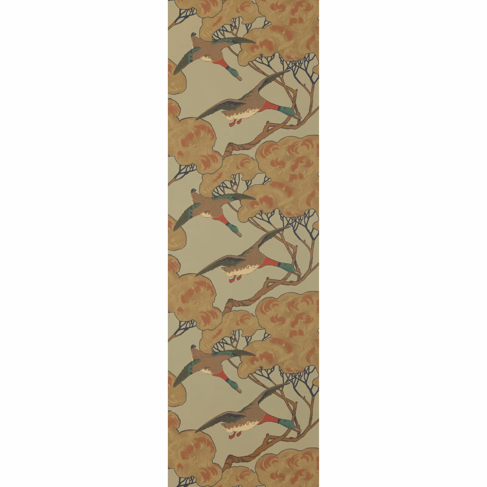 Mossy olive wallpaper with flying ducks, ochre foliage and branching trees