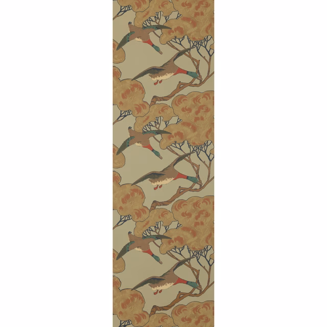 Mossy olive wallpaper with flying ducks, ochre foliage and branching trees