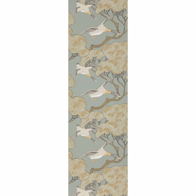 Slate-blue wallpaper with cream flying ducks, branching trees and muted golden blooms