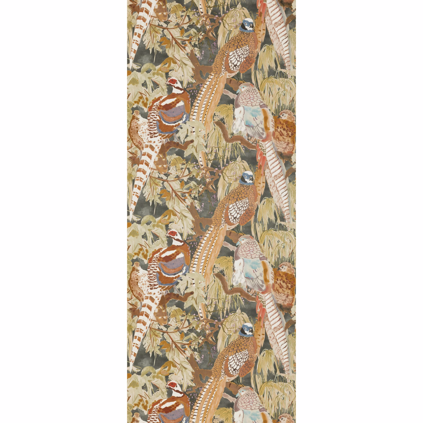 Charcoal-olive wallpaper with pheasants, pale blue plumage and rust foliage