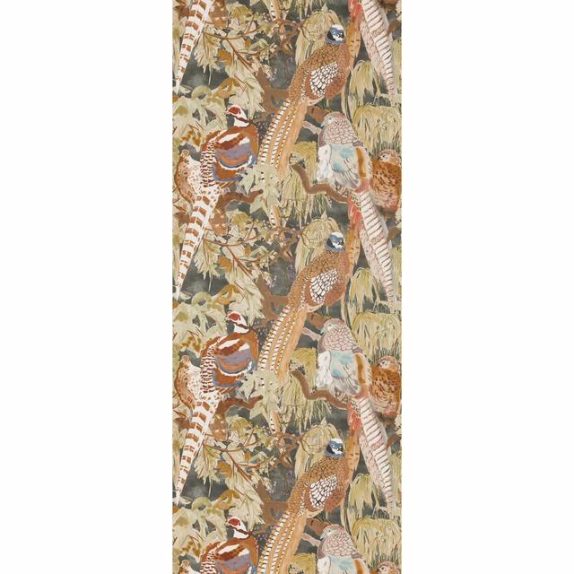 Charcoal-olive wallpaper with pheasants, pale blue plumage and rust foliage