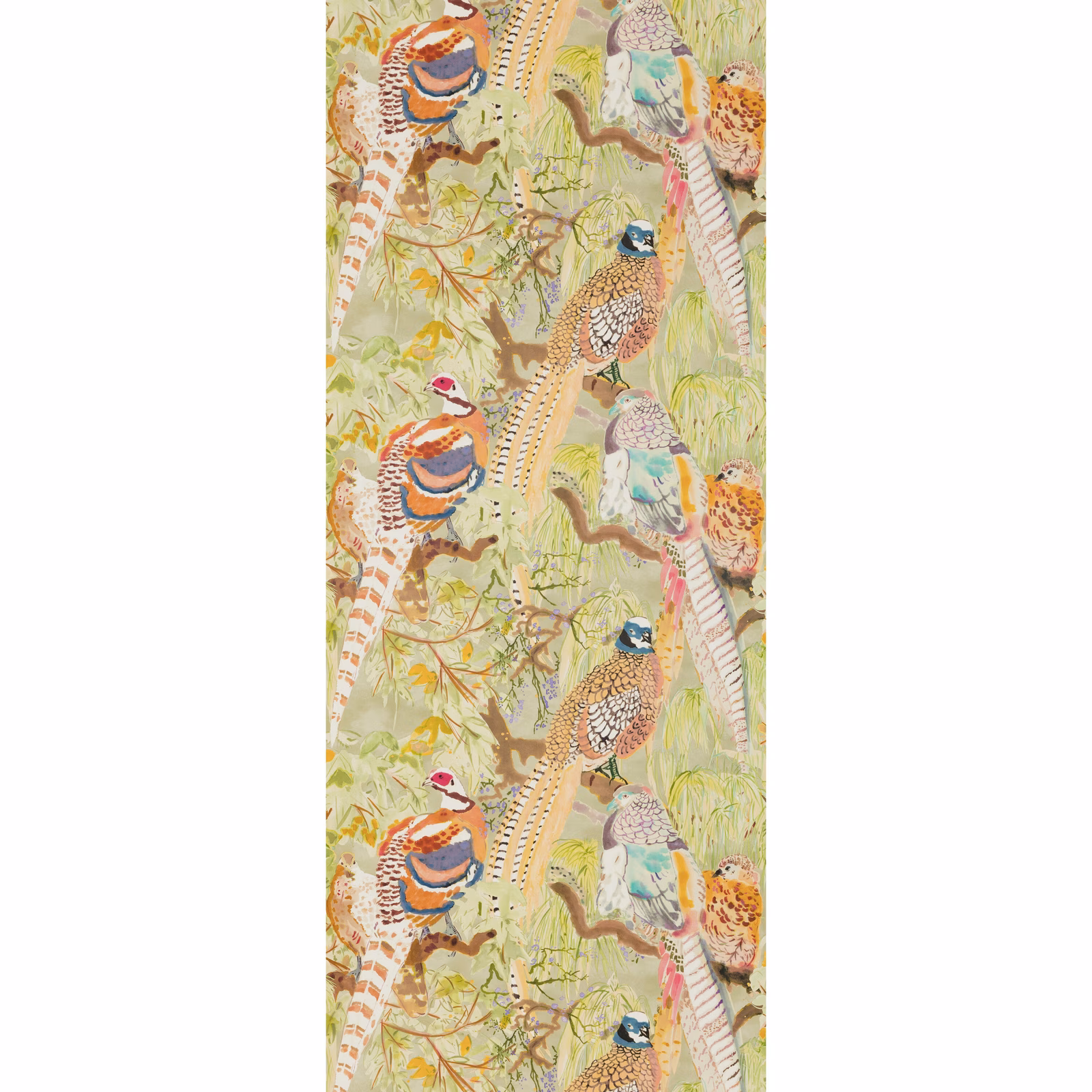 Pale sage wallpaper with rust, teal and cream birds among fine branches