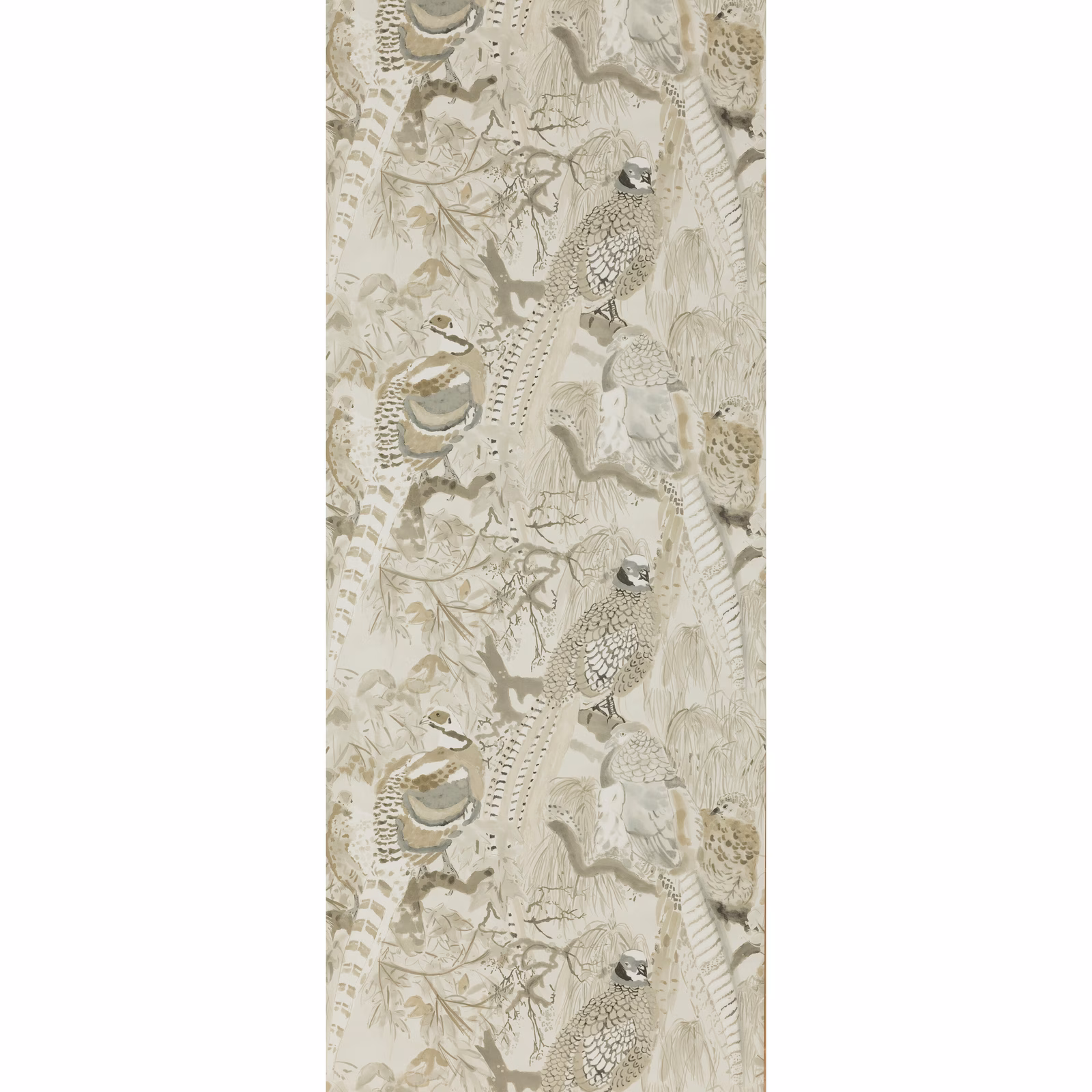 Pale stone wallpaper with pheasants, birds and trailing foliage in muted taupe and olive