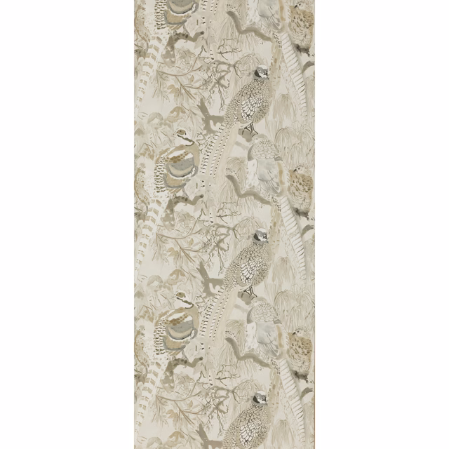 Pale stone wallpaper with pheasants, birds and trailing foliage in muted taupe and olive