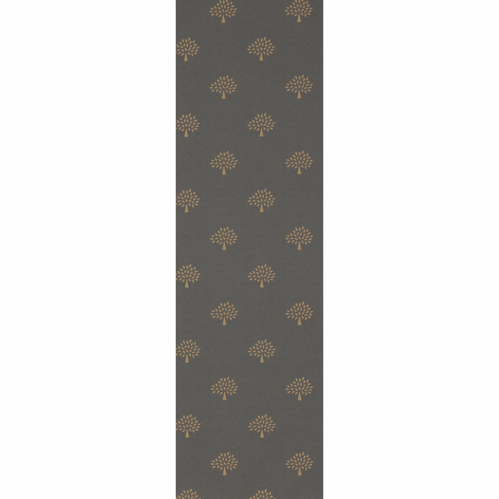 Charcoal-grey wallpaper with repeated muted taupe stylised mulberry tree motifs