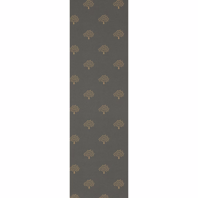 Charcoal-grey wallpaper with repeated muted taupe stylised mulberry tree motifs