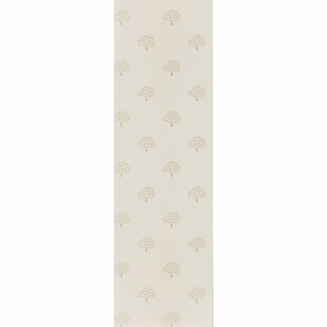 Pale stone wallpaper with evenly spaced taupe mulberry tree motifs