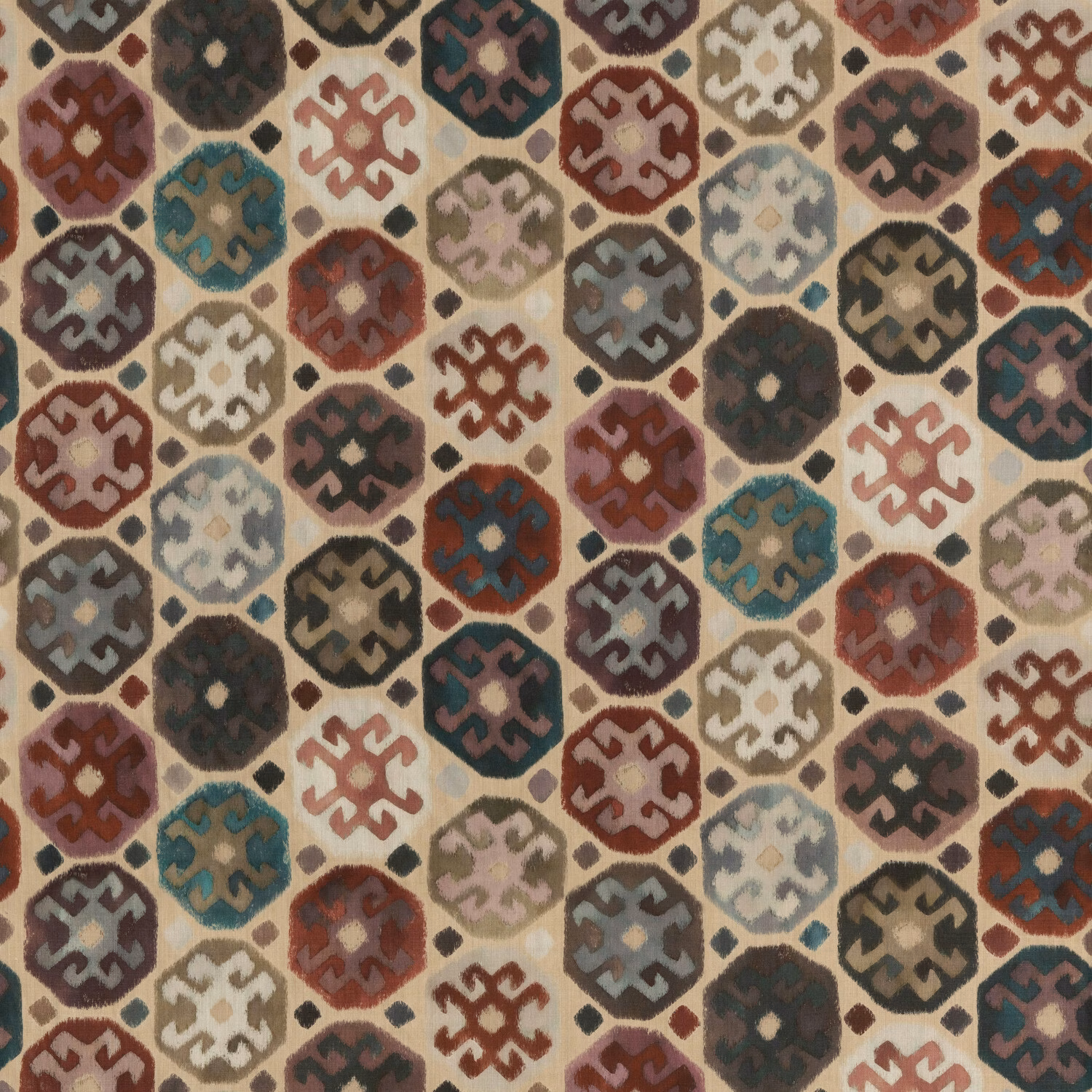 Plum linen with multicoloured geometric medallions in teal, rust, cream and charcoal