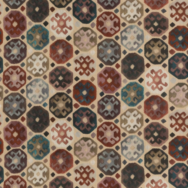 Plum linen with multicoloured geometric medallions in teal, rust, cream and charcoal