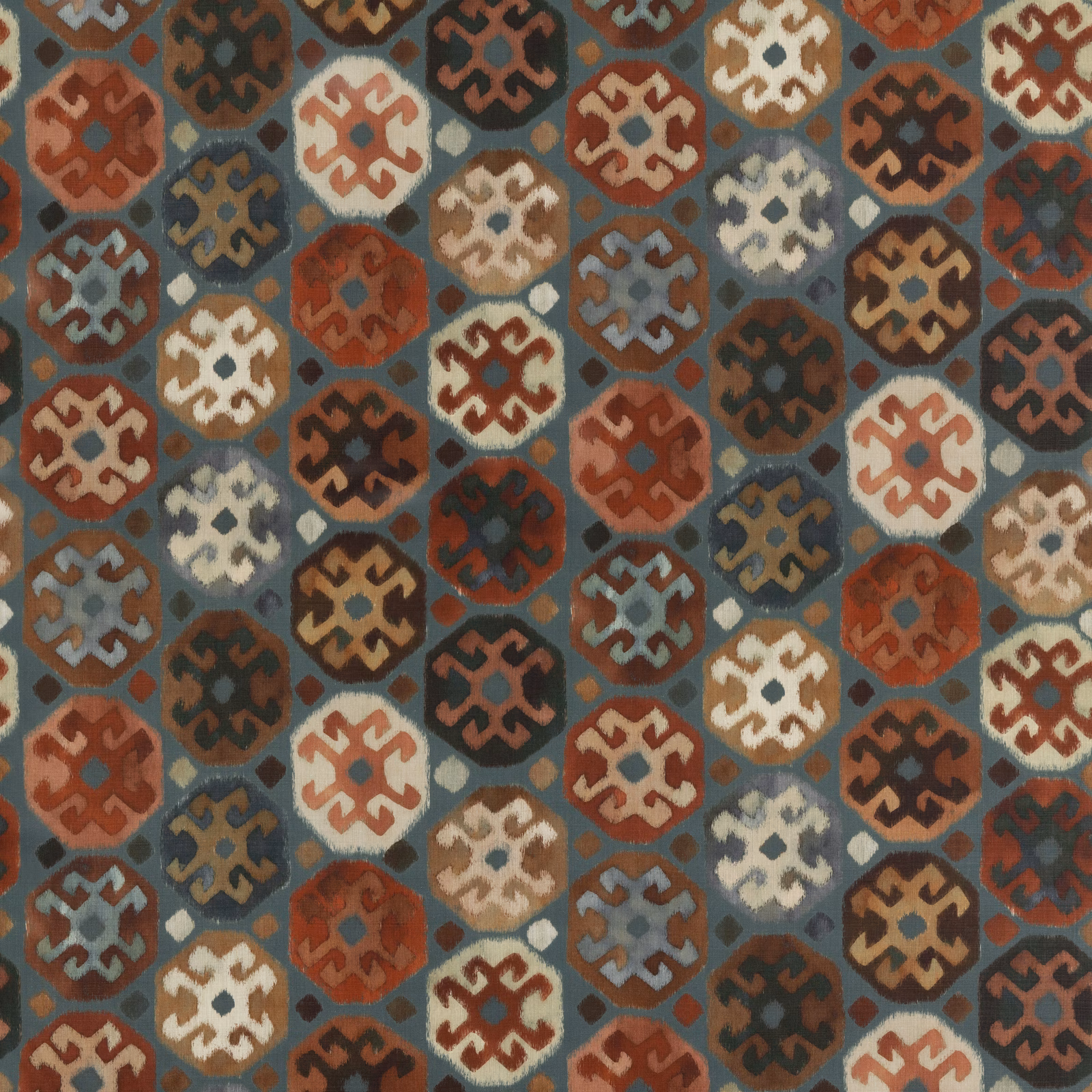 Muted teal linen with rust, cream and charcoal geometric medallions
