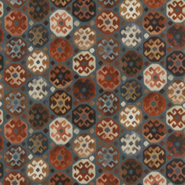 Muted teal linen with rust, cream and charcoal geometric medallions
