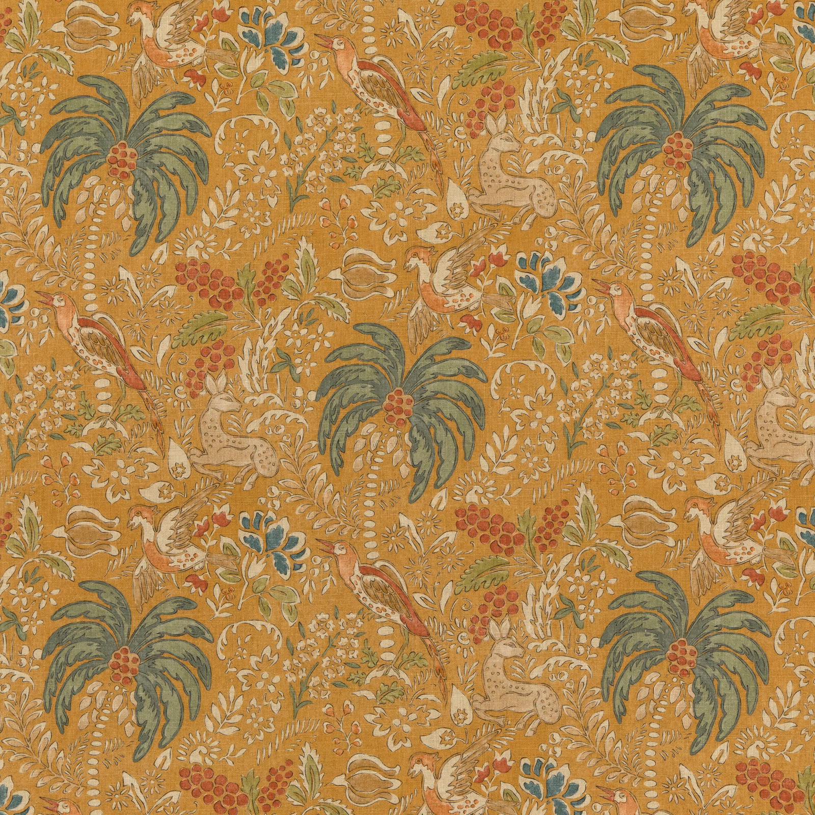 Ochre spice botanical fabric with teal foliage, red berries and scrolling birds