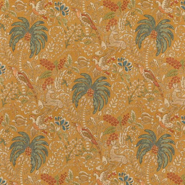Ochre spice botanical fabric with teal foliage, red berries and scrolling birds