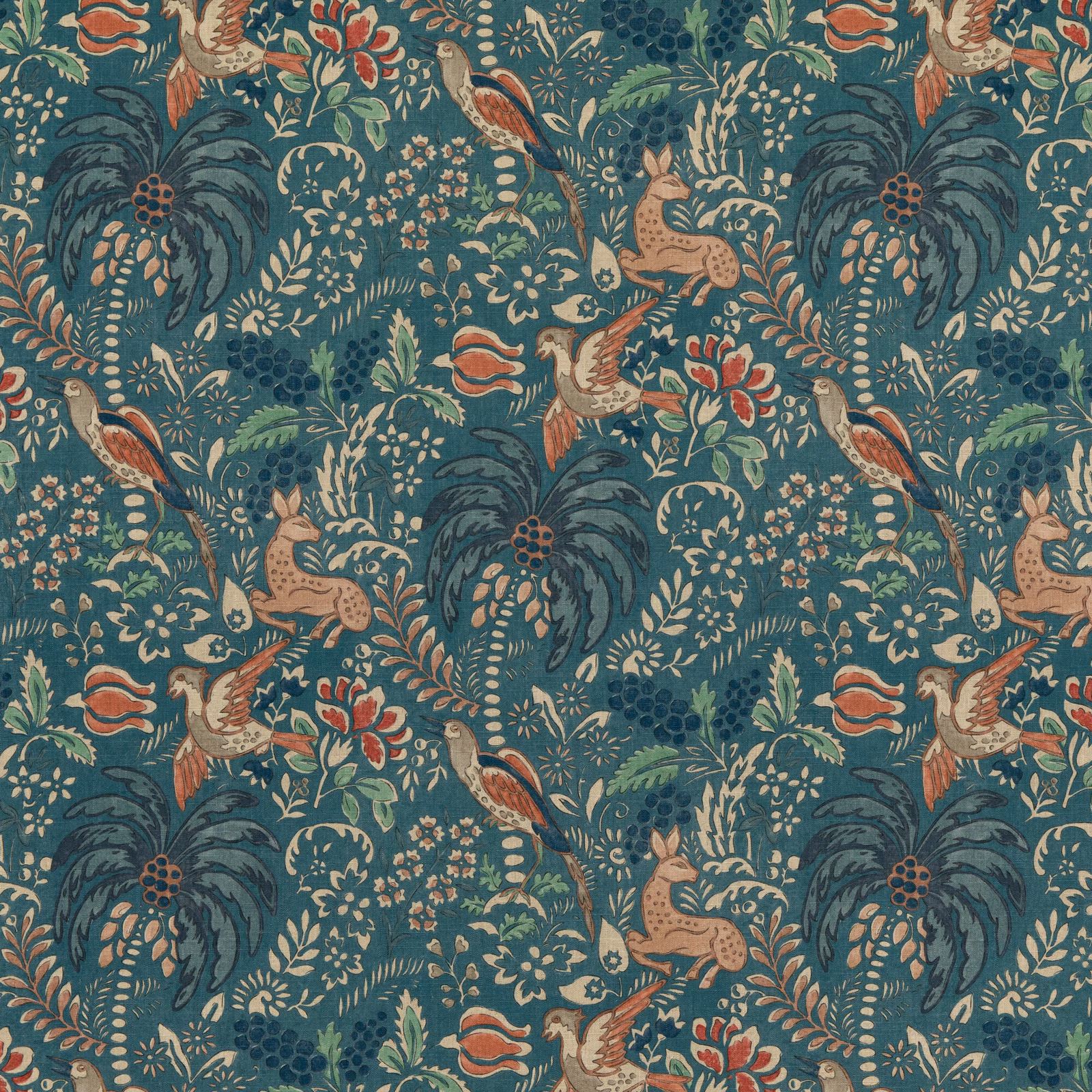 Deep teal fabric with hares, birds, flowers and rust botanical details