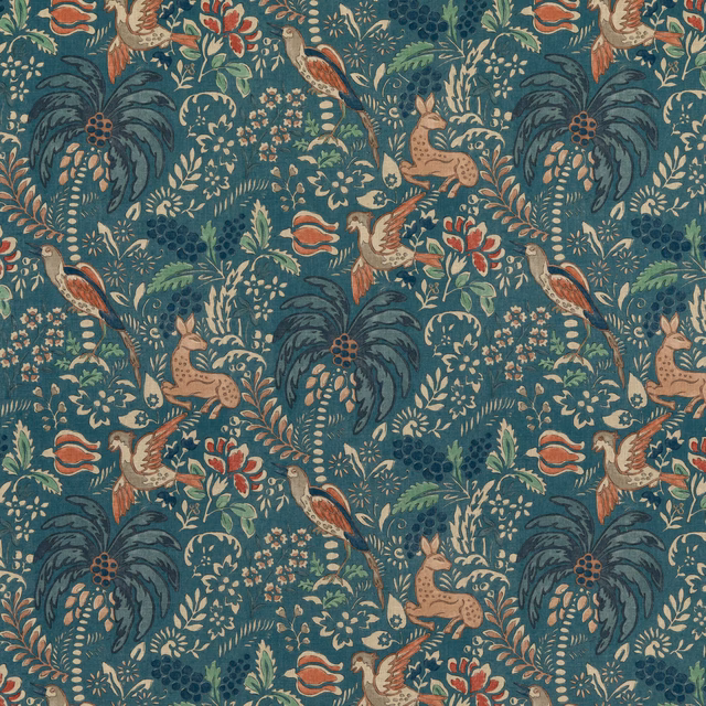 Deep teal fabric with hares, birds, flowers and rust botanical details