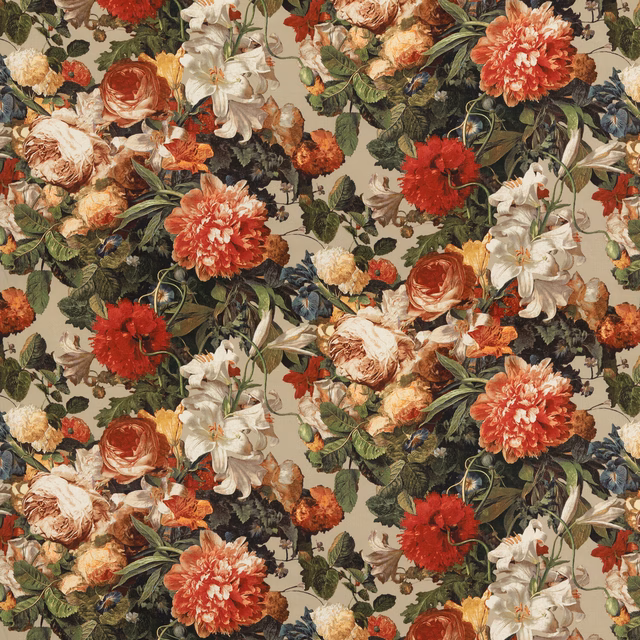 Warm spice floral linen with red dahlias, ivory blooms, green foliage and olive-beige ground