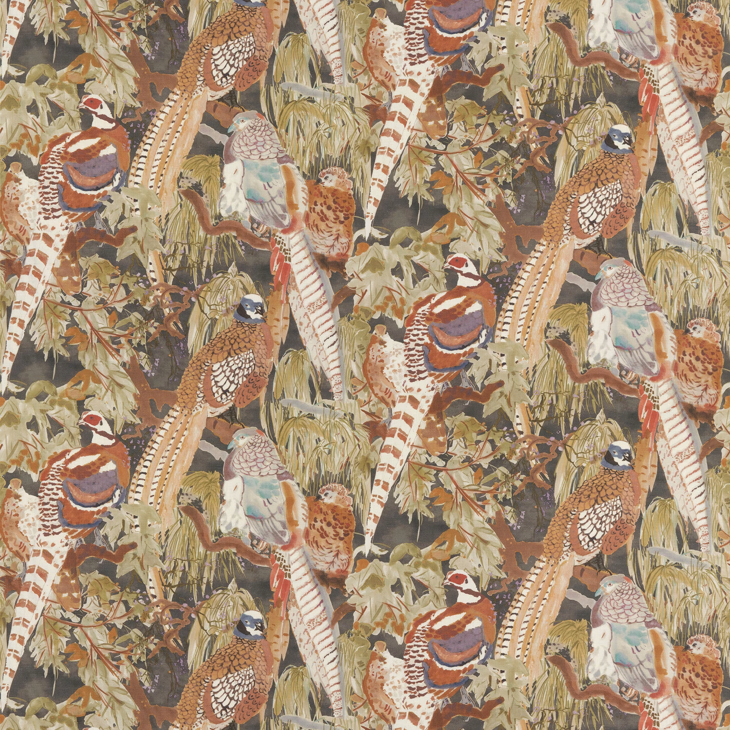 Charcoal linen with colourful pheasants, foliage and pale striped branches