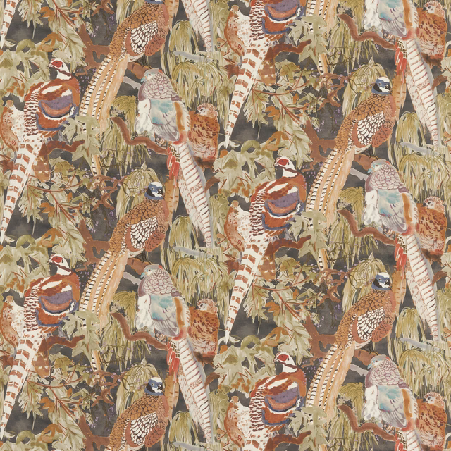 Charcoal linen with colourful pheasants, foliage and pale striped branches