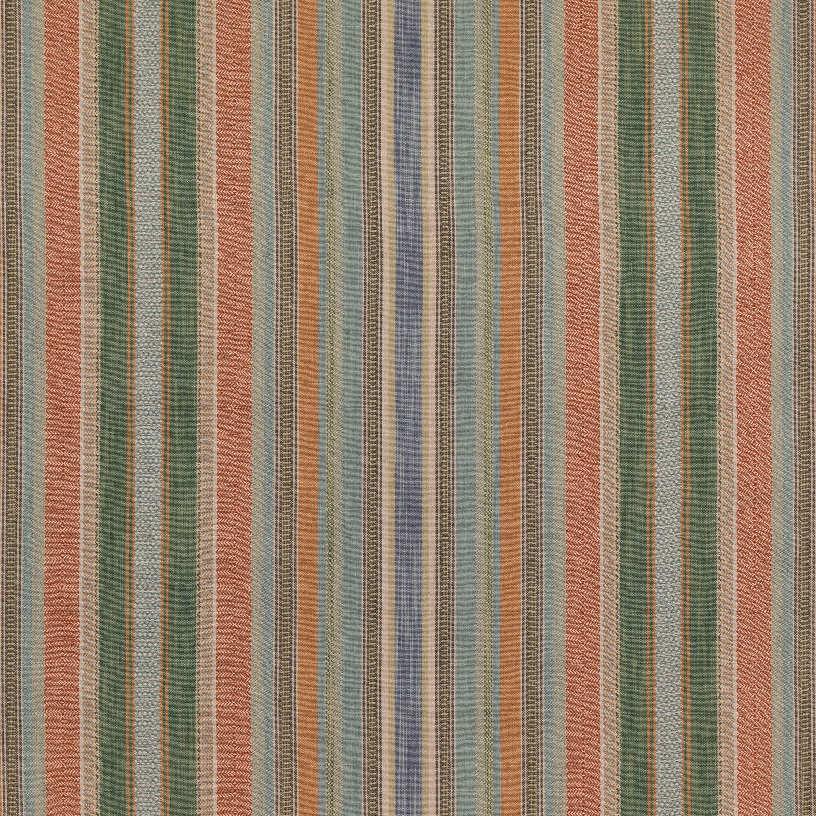 Muted sage, terracotta and oatmeal vertical stripes in a textured cotton-jute weave