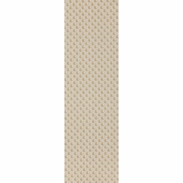Pale stone wallpaper with repeated small taupe botanical motifs in neat rows
