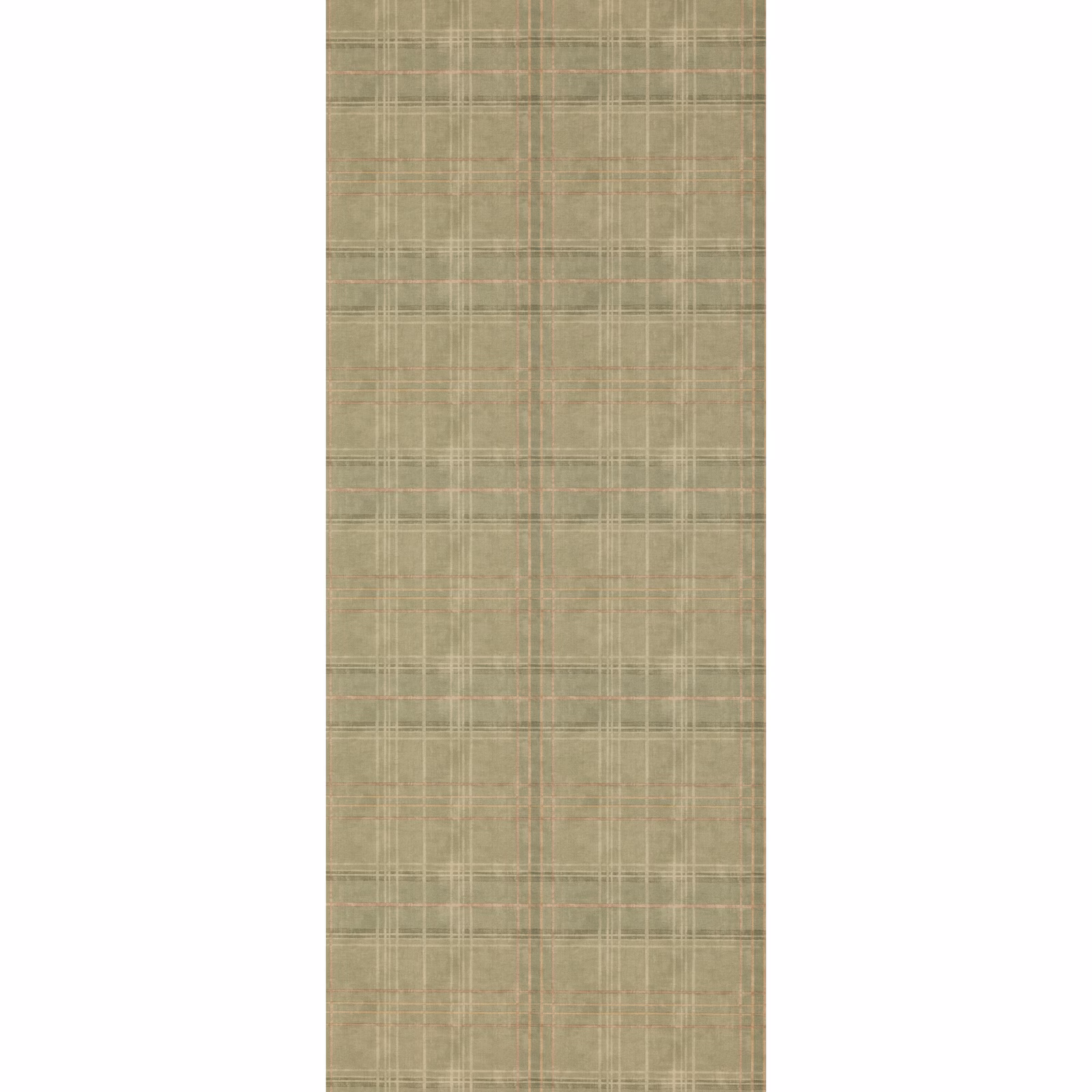 Muted lovat olive wallpaper with fine beige, taupe and dusty rust plaid lines
