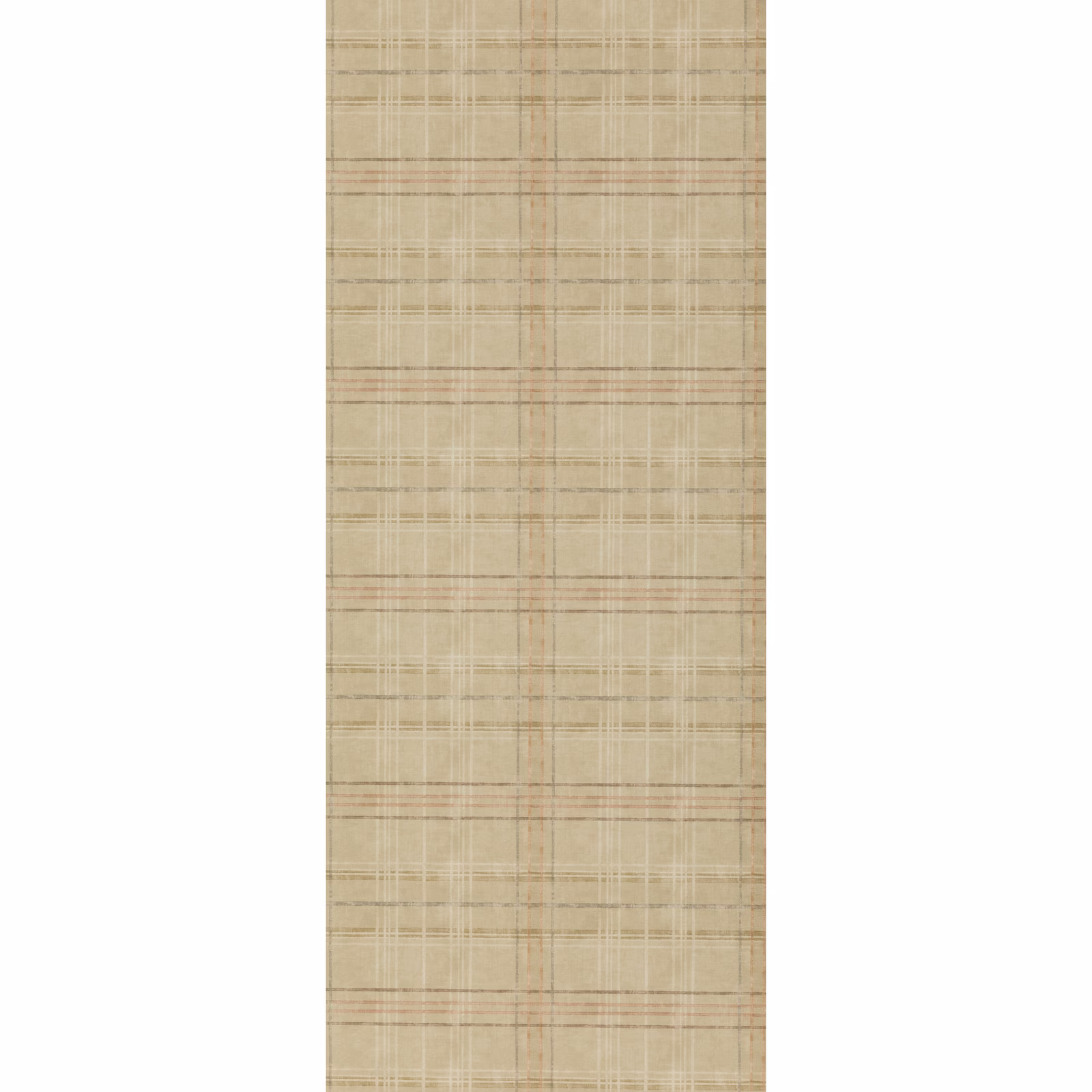 Warm sand-beige wallpaper with fine intersecting taupe lines and muted rose accents
